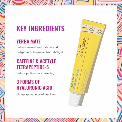 Image showing key ingredients of Good Molecules Yerba Mate Wake Up Eye Gel, including Yerba Mate, Caffeine & Acetyl Tetrapeptide-5, and 3 forms of Hyaluronic Acid.