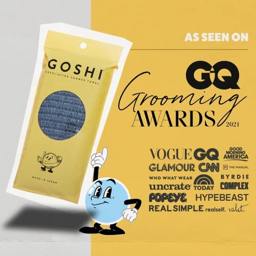 Goshi exfoliating towel featured in GQ Grooming Awards 2021 with media logos.