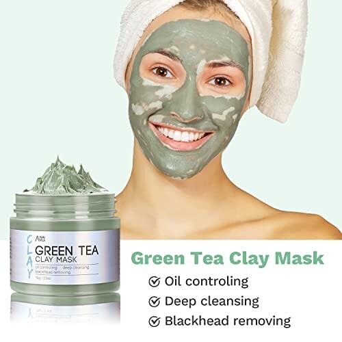 Person with green tea clay mask on face and product jar.