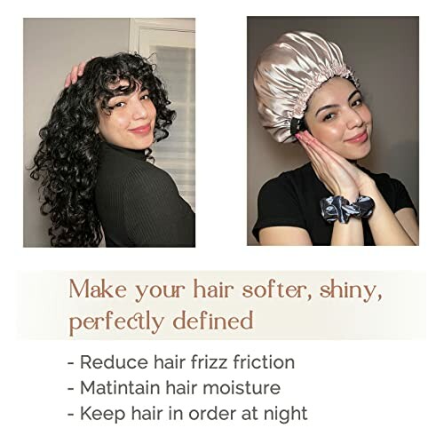 Woman with curly hair and woman wearing a hair cap demonstrating hair care benefits.