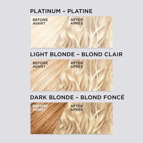 Comparison of hair colors: platinum, light blonde, dark blonde before and after.