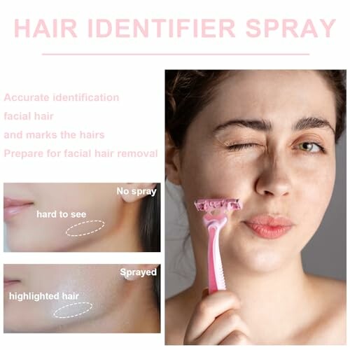 Woman using hair identifier spray with razor, showing before and after effects on facial hair.