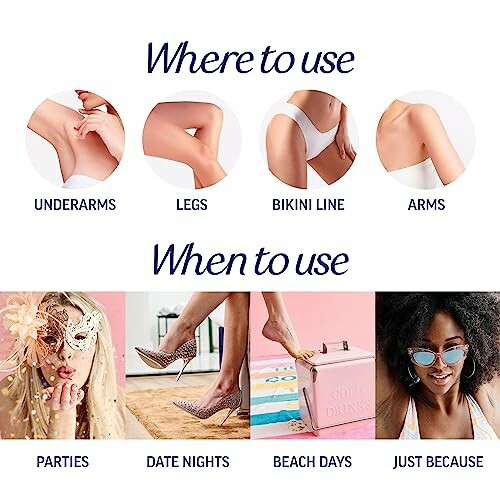 Guide on where and when to use hair removal products, including underarms, legs, bikini line, arms, parties, date nights, beach days, and just because.