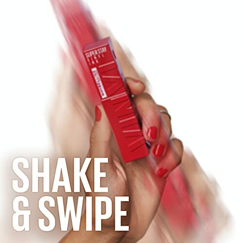 Hand holding red makeup product with text 'Shake & Swipe'