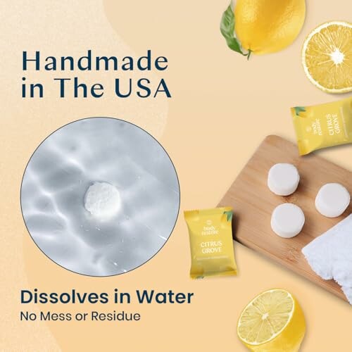 Dissolvable cleaning tablets with citrus, handmade in the USA.