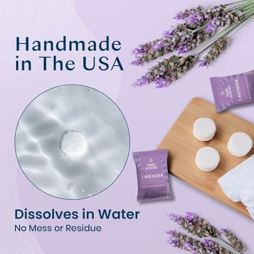 Lavender bath bombs with text 'Handmade in the USA' and 'Dissolves in Water, No Mess or Residue'.