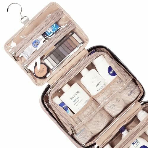 Open hanging toiletry bag with skincare and makeup products