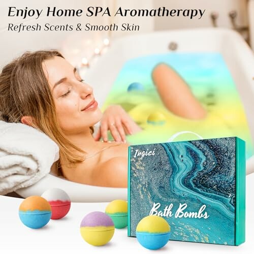 Woman relaxing in bathtub with colorful bath bombs.