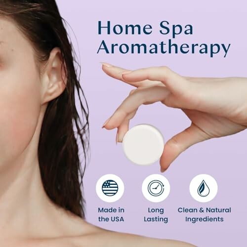 Woman holding aromatherapy product with text: Home Spa Aromatherapy, Made in the USA, Long Lasting, Clean & Natural Ingredients.