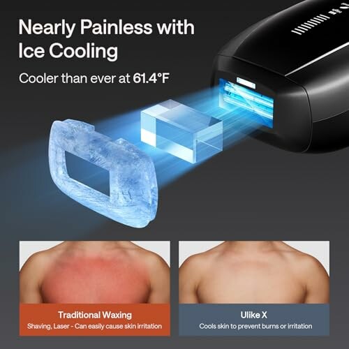 Ice cooling hair removal device showing temperature and comparison with traditional waxing.