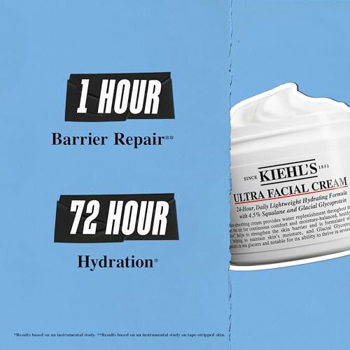 Kiehl's Ultra Facial Cream promoting 1-hour barrier repair and 72-hour hydration.