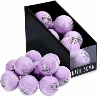 Display box with lavender bath bombs