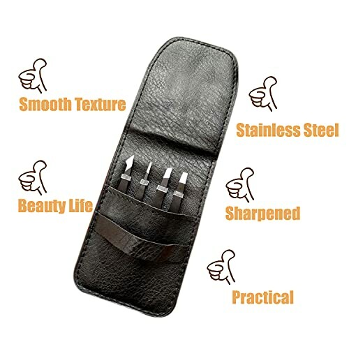 Leather manicure kit with stainless steel tools.