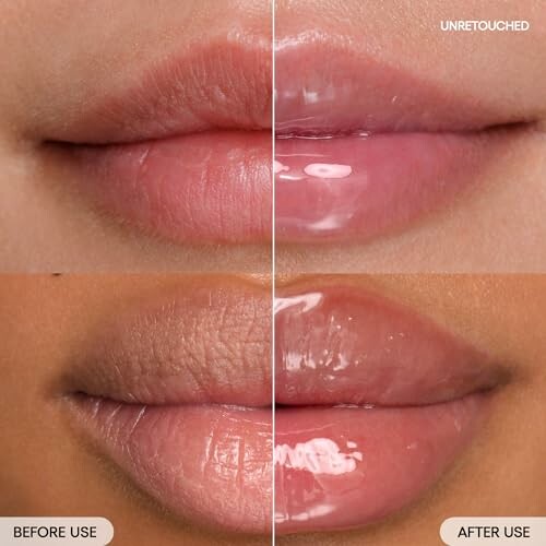 Comparison of lips before and after using lip gloss.