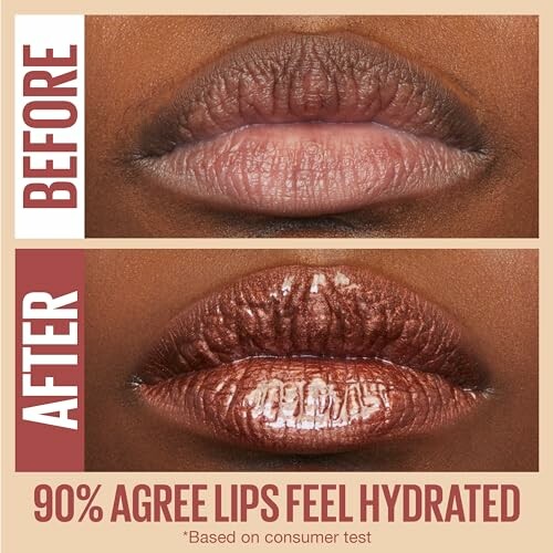 Comparison of lips before and after using a product, showing increased shine and hydration.