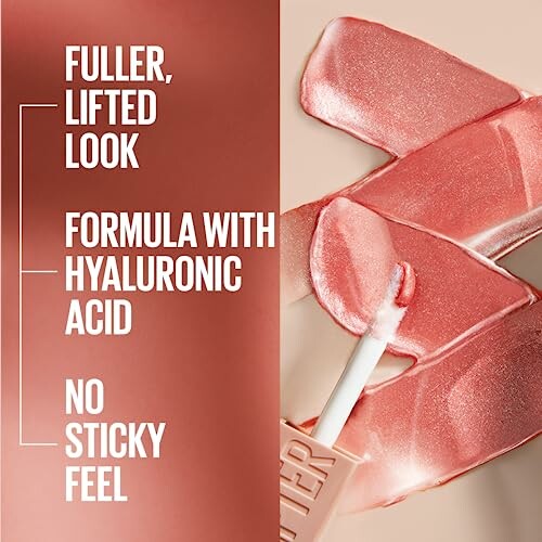 Lip gloss with hyaluronic acid for fuller look and no sticky feel.