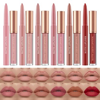 Set of matte lip liners and lipsticks with lip application examples.