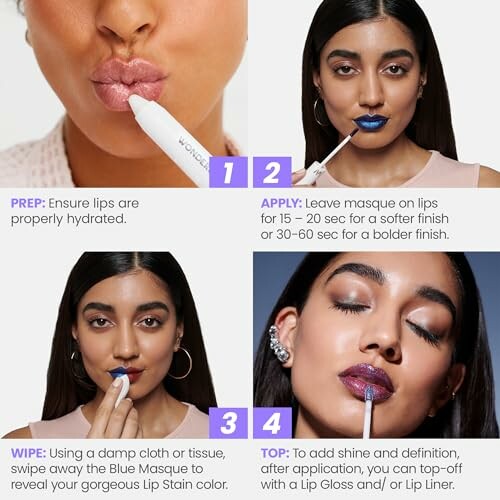 Step-by-step lip stain application guide with four images showing preparation, masque application, wiping, and topping off.