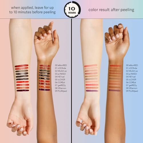 Comparison of lip tint colors before and after peeling on different skin tones.