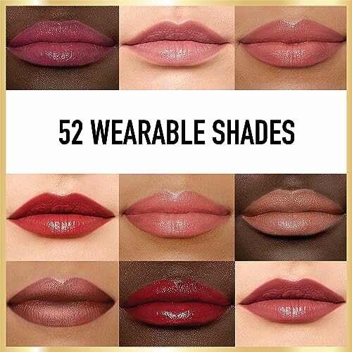 Collage of nine lipstick shades on diverse lips with text '52 Wearable Shades'.