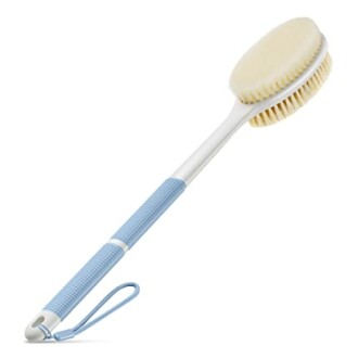 Long-handled bath brush with blue grip and hanging loop