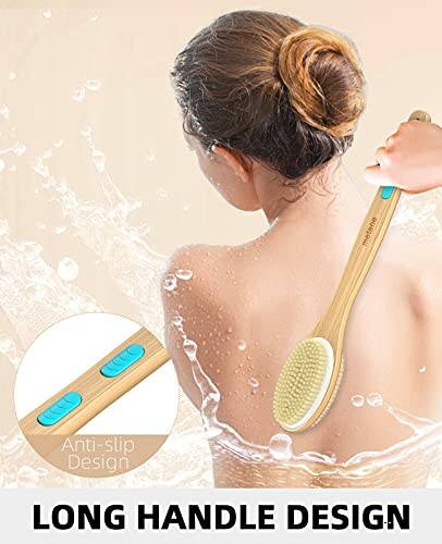 Person using long handle bath brush with anti-slip design.