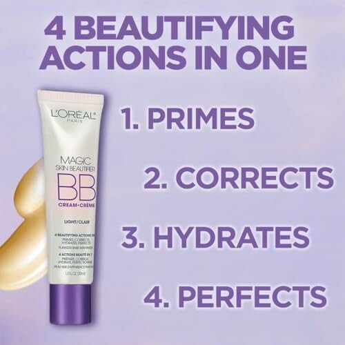 L'Oreal Magic Skin Beautifier BB Cream showcasing its four benefits: primes, corrects, hydrates, perfects.