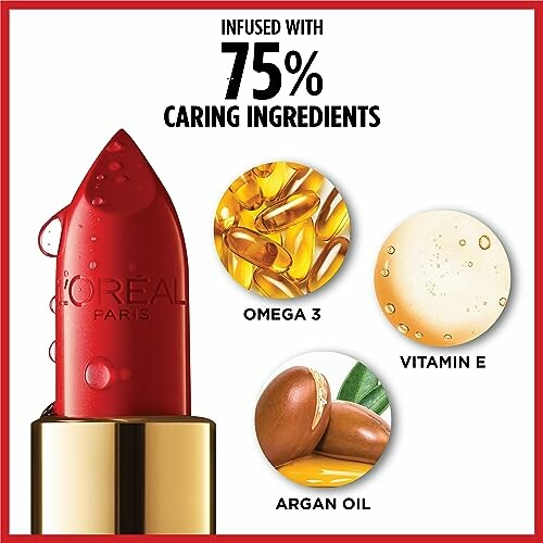 L'Oreal lipstick with caring ingredients: Omega 3, Vitamin E, Argan Oil.