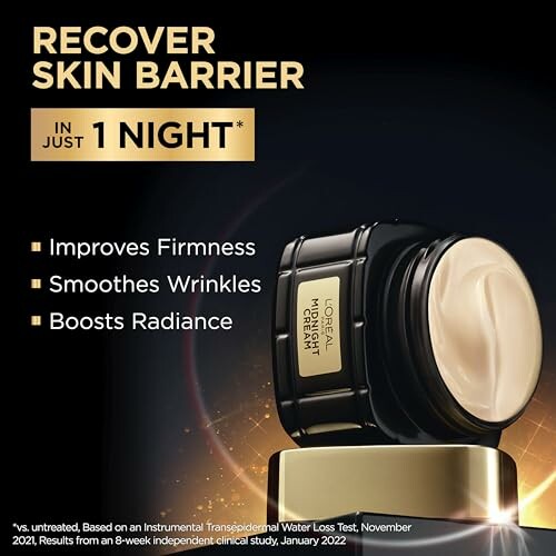 L'Oreal night cream for skin barrier recovery, improves firmness, smoothes wrinkles, boosts radiance.