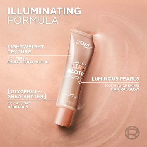 Illuminating formula tube with text highlighting features like lightweight texture and luminous pearls.