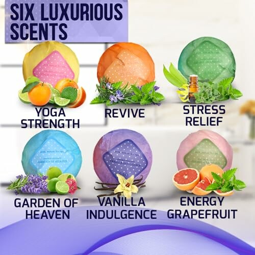 Six luxurious scent options including Yoga Strength, Revive, Stress Relief, Garden of Heaven, Vanilla Indulgence, and Energy Grapefruit.