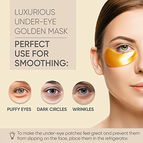 Woman wearing a golden under-eye mask for smoothing puffy eyes, dark circles, and wrinkles.