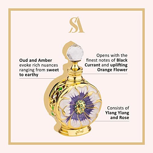 Elegant perfume bottle with floral design and fragrance notes description.