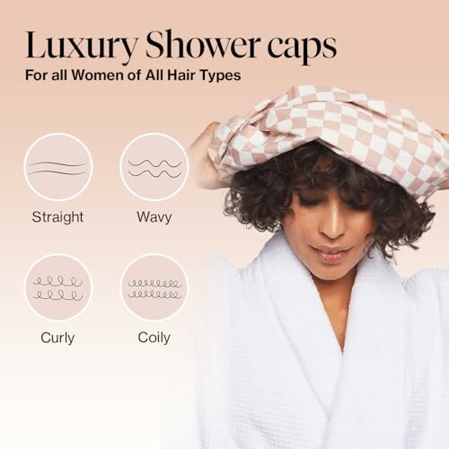 Woman wearing a luxury shower cap with hair type icons.