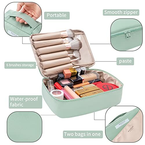 Mint green makeup bag organizer with compartments and brush storage.