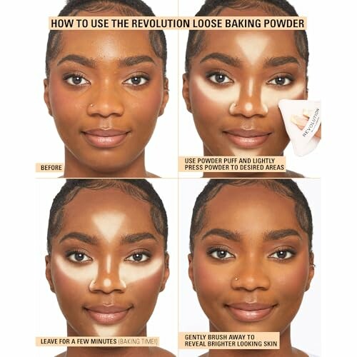 Step-by-step guide on using Revolution loose baking powder for makeup.