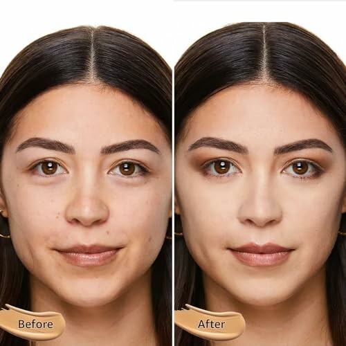 Side-by-side comparison of a woman's face before and after makeup application.