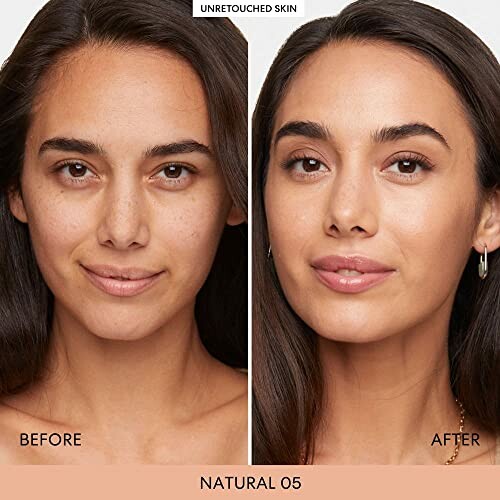 Side-by-side comparison of a woman's face before and after makeup application: A dramatic difference in complexion and skin tone.