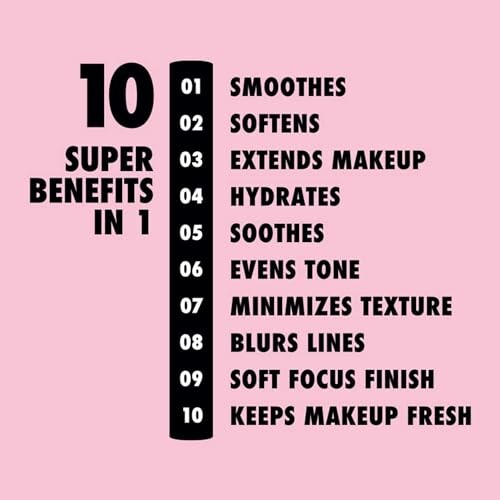 List of 10 makeup benefits on a pink background.