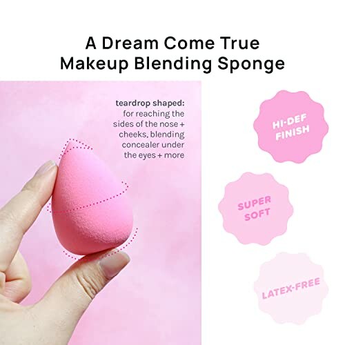 Pink teardrop-shaped makeup blending sponge held in hand with text highlights: hi-def finish, super soft, latex-free.