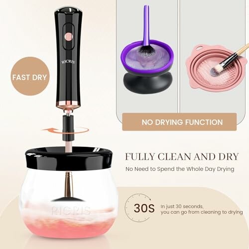 Electric makeup brush cleaner with drying features and accessories.