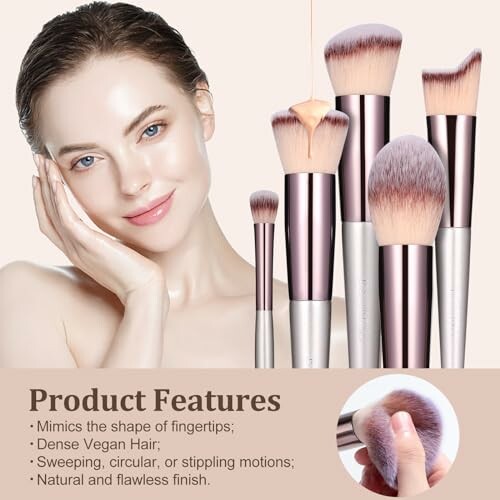 Woman with makeup brushes showcasing product features.