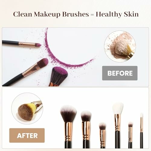 Comparison of dirty and clean makeup brushes with text 'Clean Makeup Brushes = Healthy Skin'.