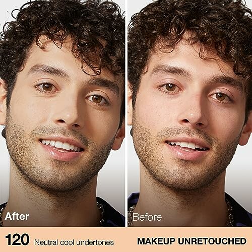 Side-by-side comparison of a person before and after makeup application.