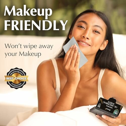 Smiling woman using makeup-friendly wipes, promoting Best Choice product.