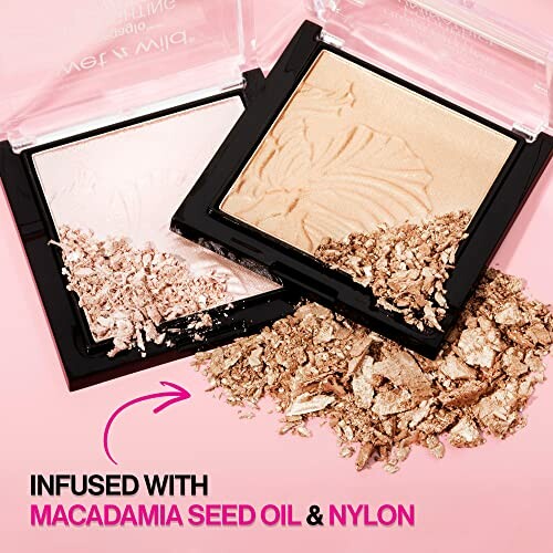 Two open makeup highlighter compacts with crushed powder, infused with macadamia seed oil and nylon.