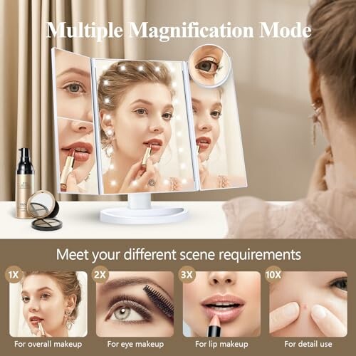 Woman using makeup mirror with multiple magnification modes.