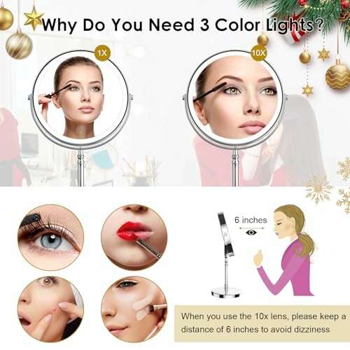 Woman using makeup mirror with 3 color lights and 10x magnification.