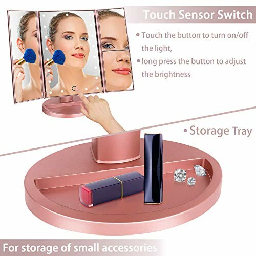 Tri-fold makeup mirror with touch sensor switch and storage tray.