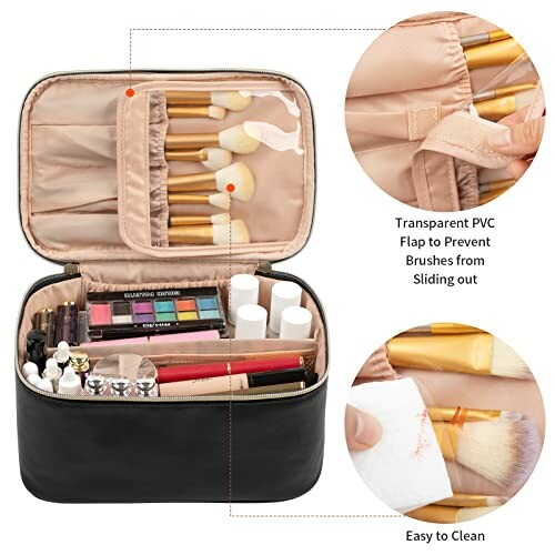 Open makeup organizer case with brushes and cosmetics inside.